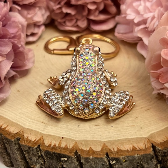Silver & Iridescent Crystal Frog Keychain Charm - Picture 8 of 15
